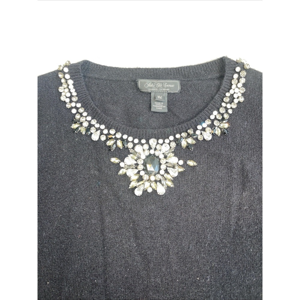 Saks Fifth Avenue Sweater Womens XL  Black Cashmere Short‎ Sleeve Rhinestones